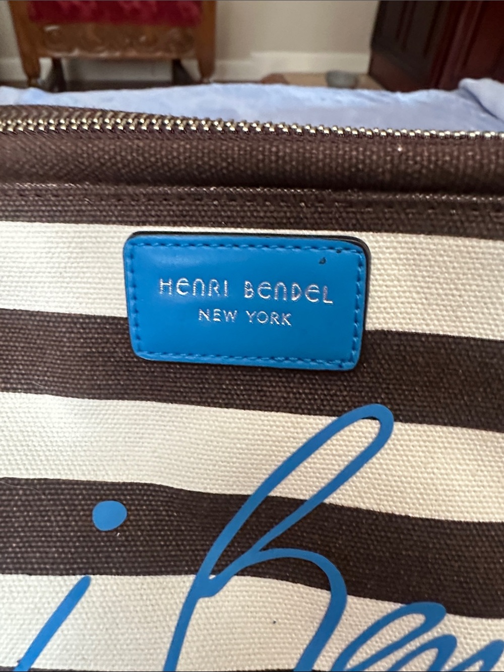 henri bendel Black and White Striped Cosmetic Bag with Blue Logo - Picture 2 of 6